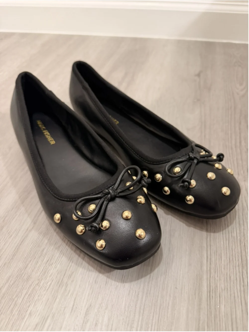 Marc Fisher Tempt Embellished Ballet Flats Size 8 Black with Gold Studs